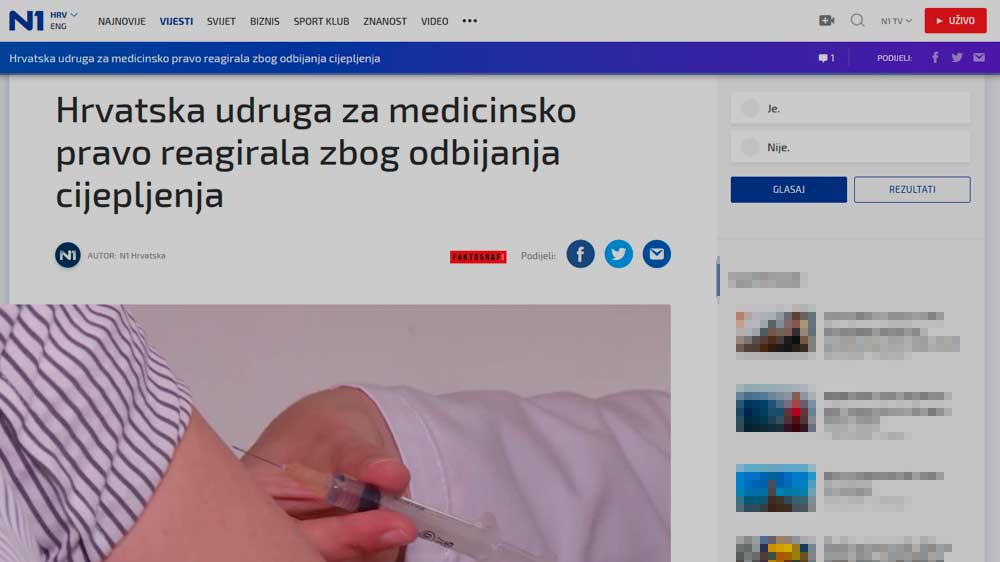 Hrvatska udruga za medicinsko pravo reagirala zbog odbijanja cijepljenja